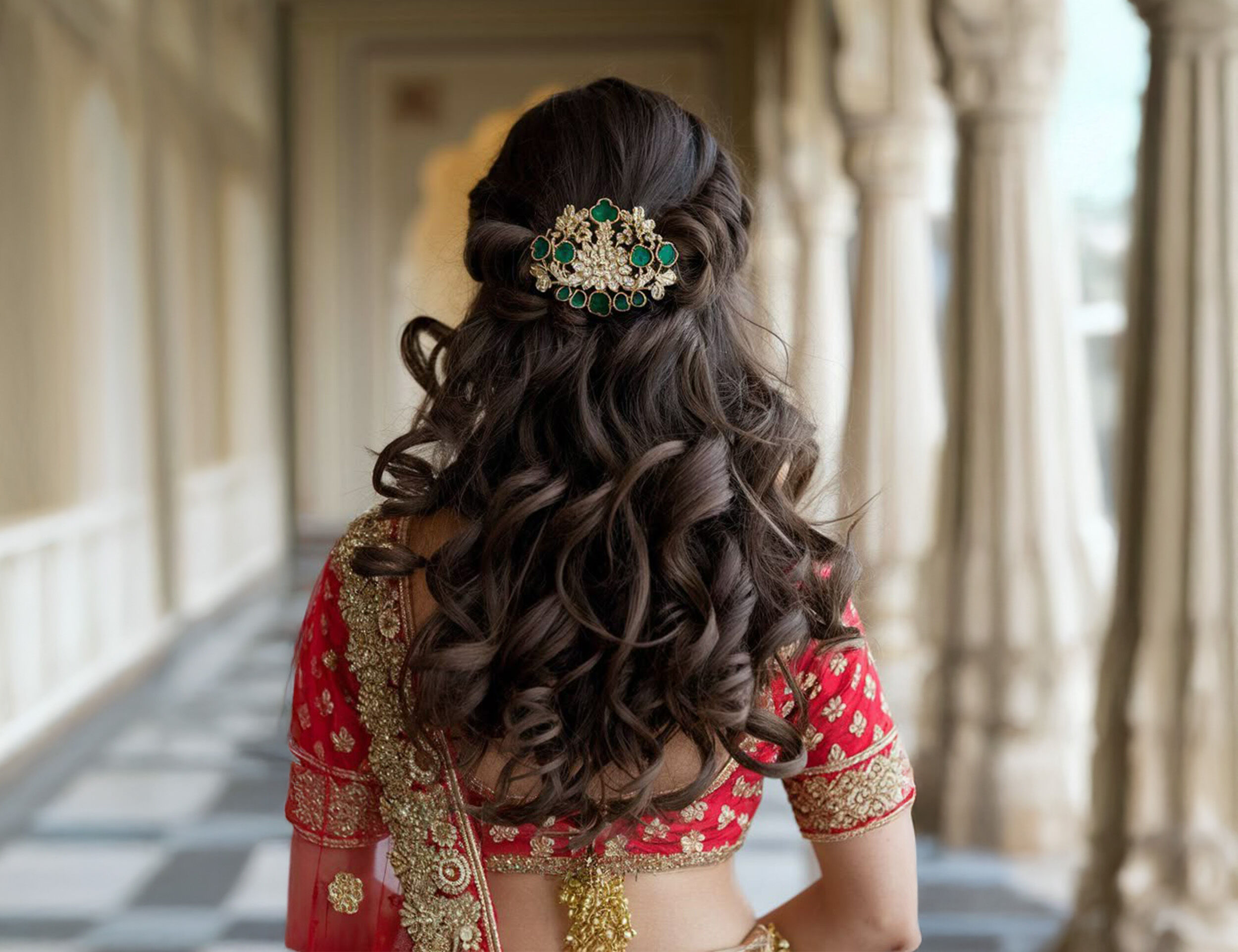 Bride with curly hairstyle holding a stylish clutch at her wedding